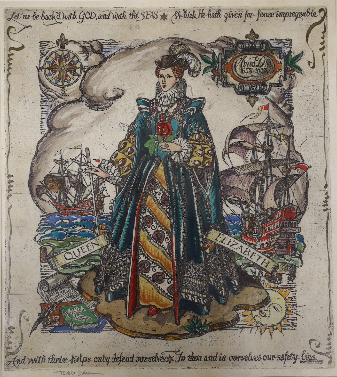 Isabel Florrie Saul (1895-1982), hand-coloured etching, Queen Elizabeth I, signed in pencil, 20 x 18cm